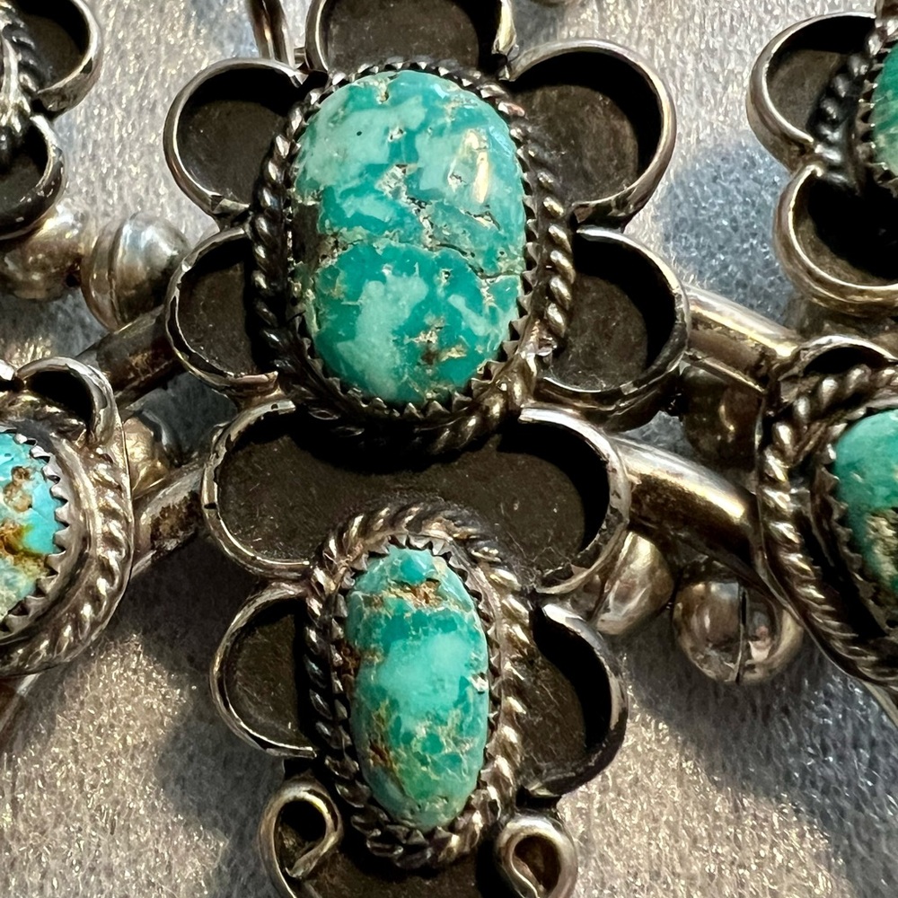 Beautiful Squash Blossom Turquoise Necklace SS 925 C11, 215 grams. - Picture 8 of 16
